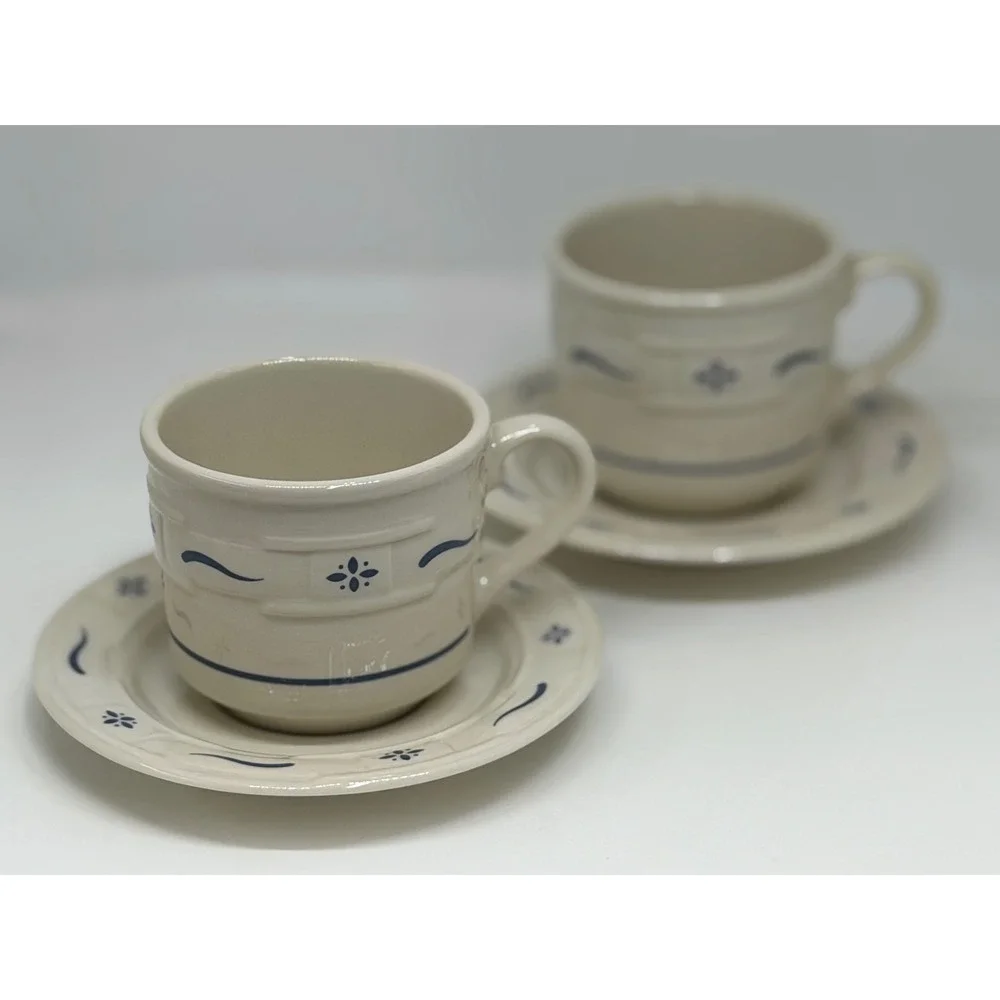 Longaberger Pottery Woven Traditions Tea Cup Saucer Heritage Blue Set‎ of 2 VTG
